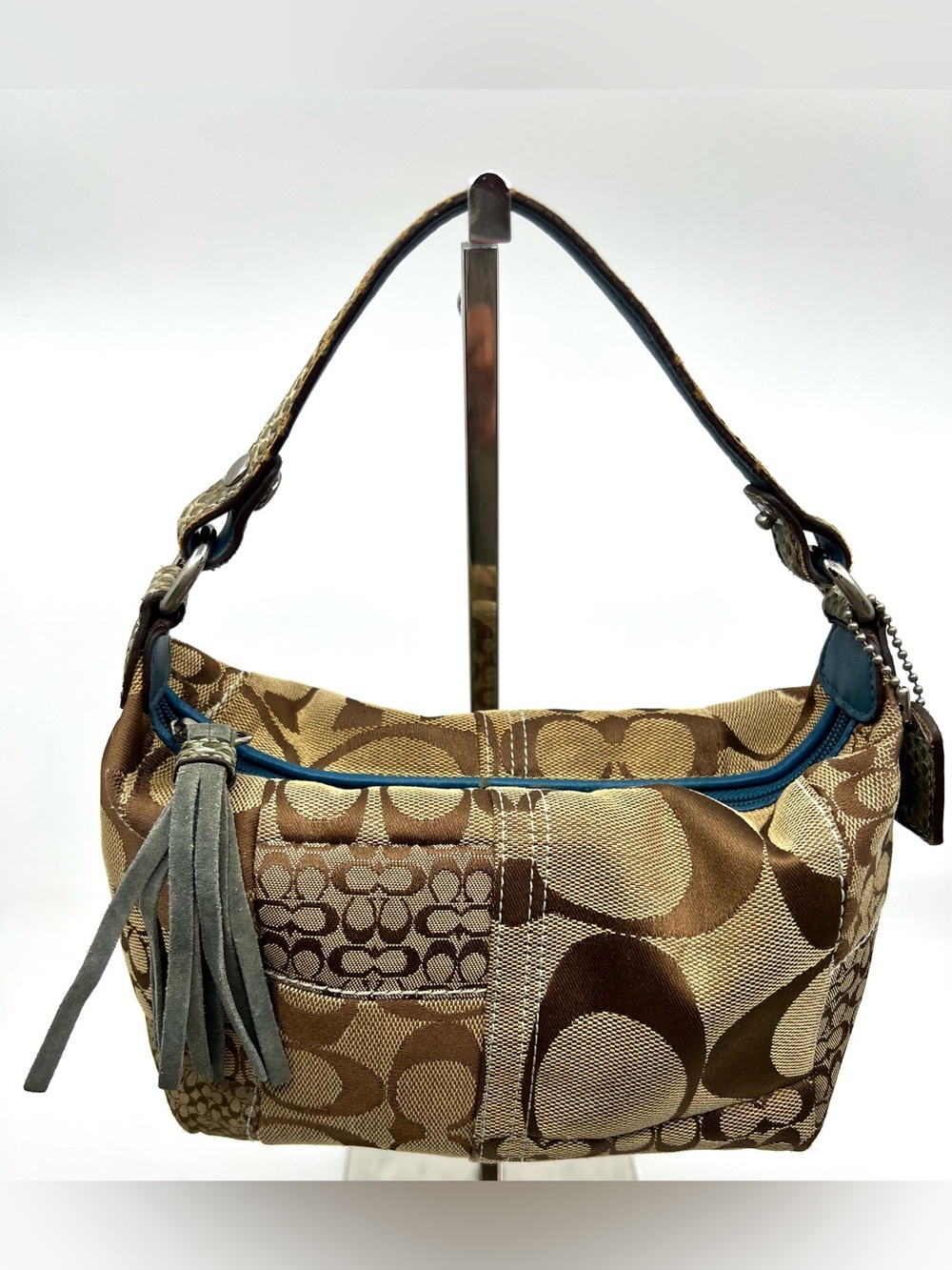 Coach Signature Vintage Y2K Patchwork Hobo Handbag Brown Tan Blue Trim Small